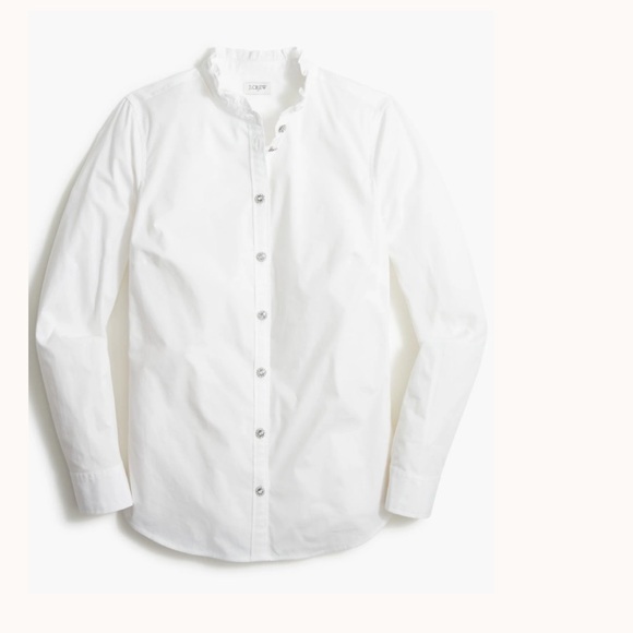 J.Crew ** White Cotton Poplin Ruffle Collar Button-up Shirt Rhinestone Buttons - Picture 1 of 12